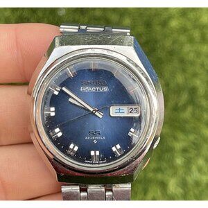 VINTAGE 1975 Seiko 5 Actus SS 23j Mens Watch Bracelet Blue Dial 6106-8680